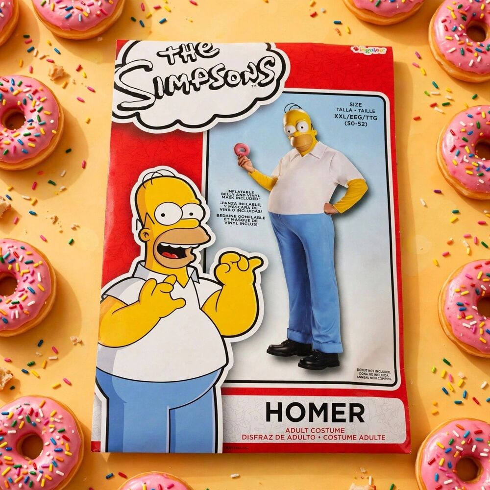 Simpsons Homer Simpson Adult XXL 50 52 Halloween Costume Full Head Mask & Belly